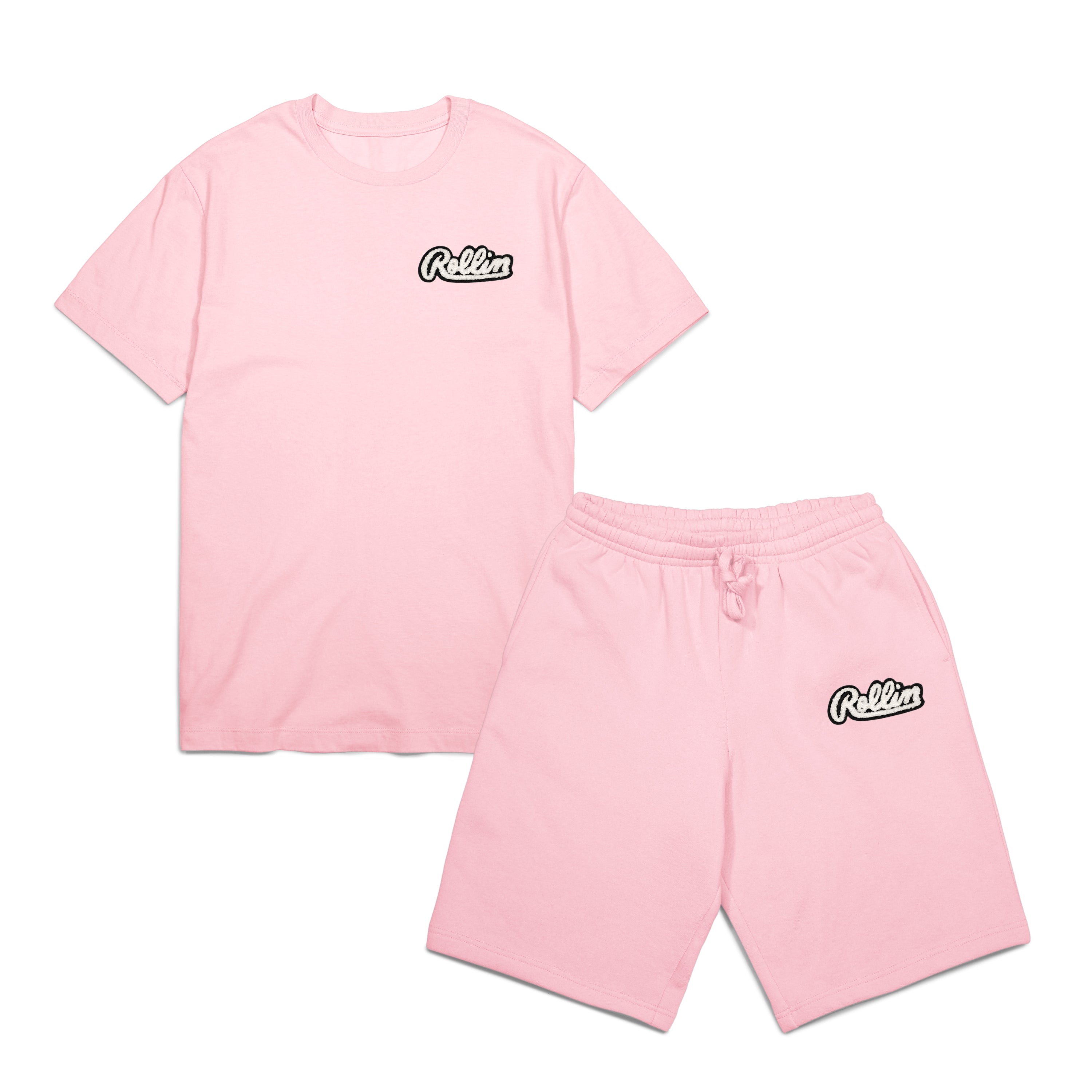 Heat And Stitched On Patch "R/Clear Chenille Patch” on Summer Pink Shirt and Shorts